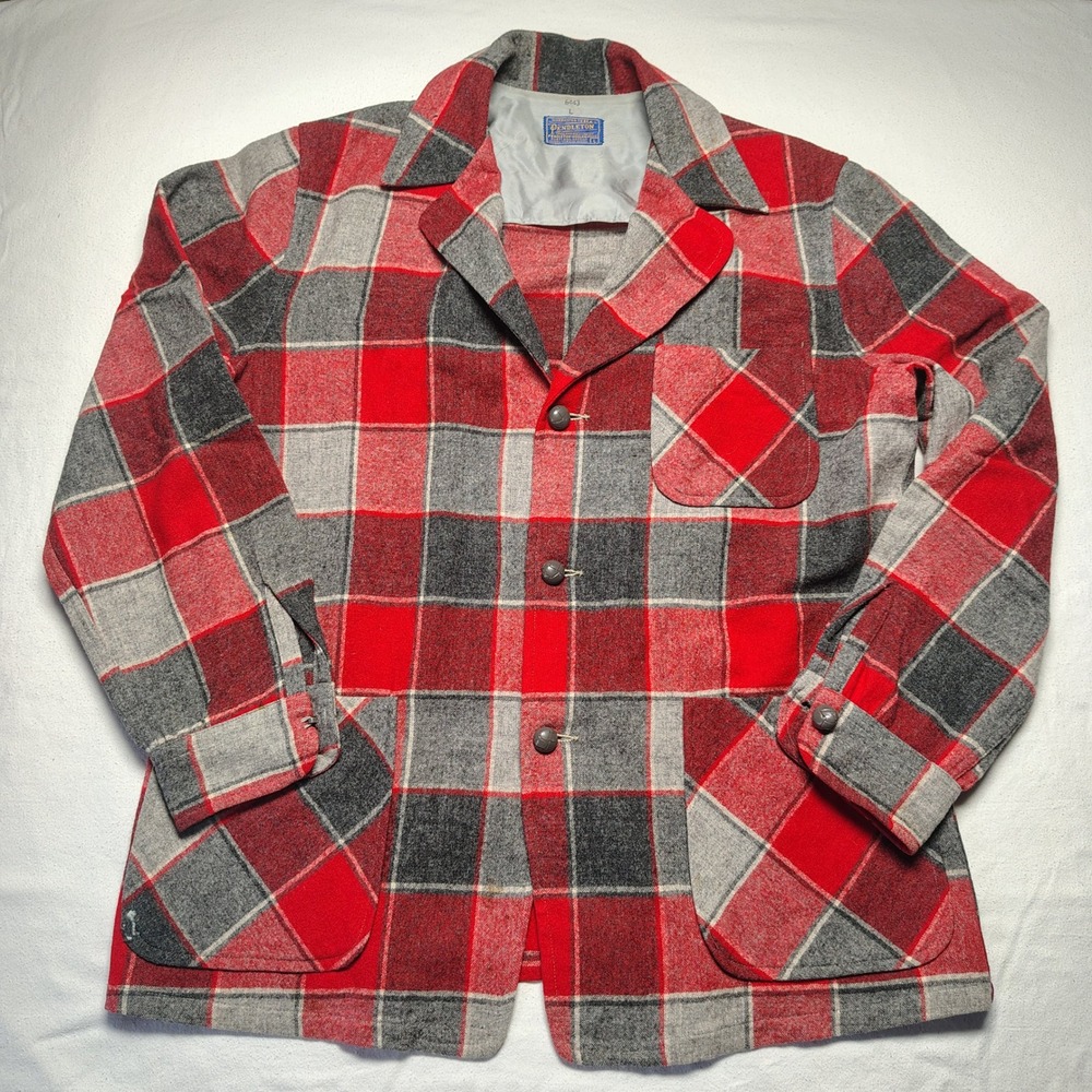 Vintage 50s Pendleton Womens 49er Jacket L Red Gray Shadow Plaid Wool Spotswear